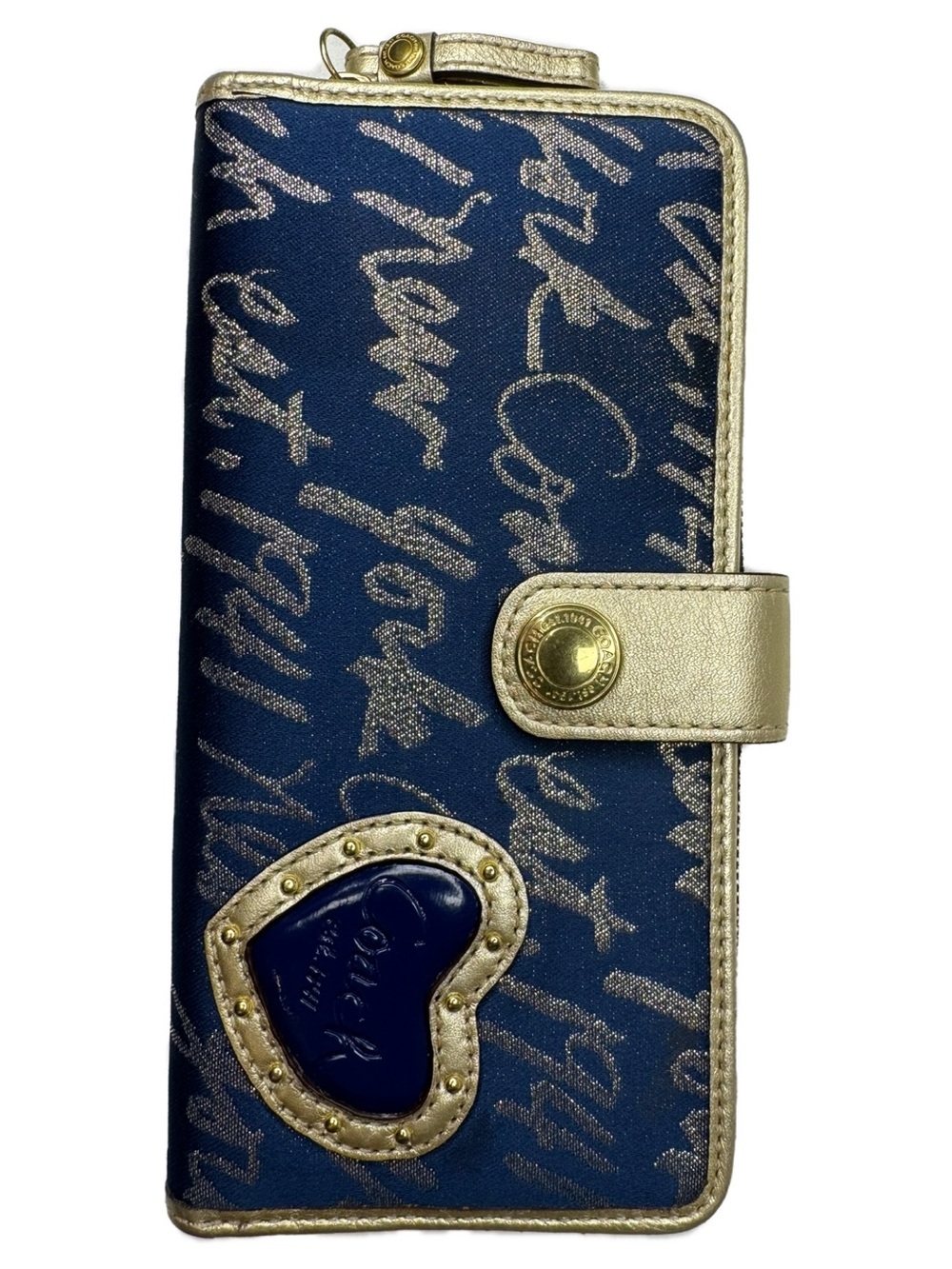 Coach Y2K Script Heart Appliqué Navy Gold Storybook Full Sized Wallet